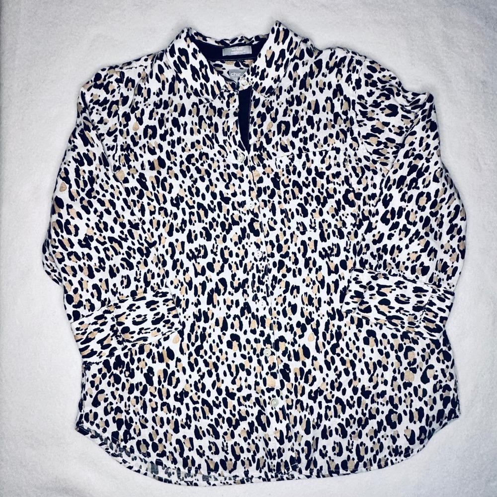 Chico's No Iron Leopard Print Button Down 100% Linen Shirt Women's Size 0.5 - Picture 1 of 8